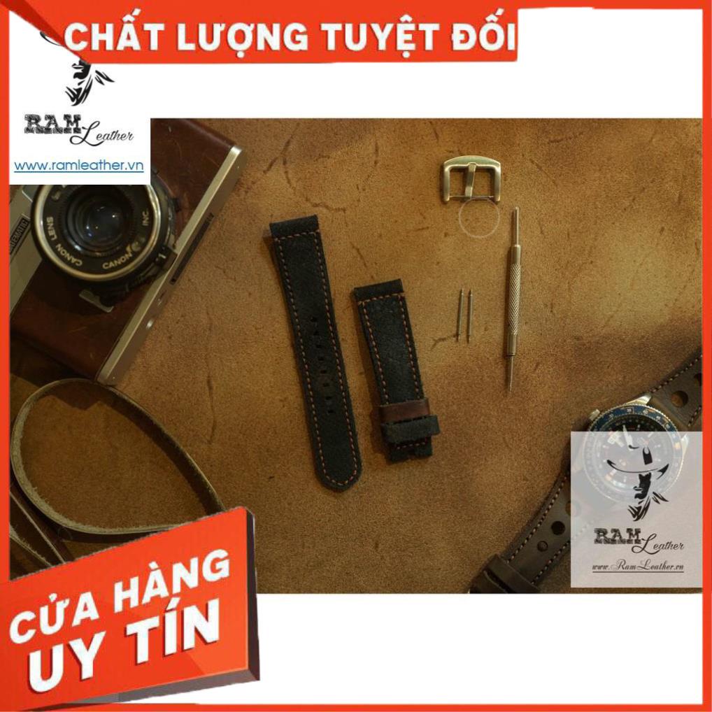 Dây Đồng Hồ Da Bò Lộn Đen - Ram Classic - Đủ Size 18, 20, 22, Samsung, Aw, Iwatch Seri 8,7,6,5,4,3,2,1 +