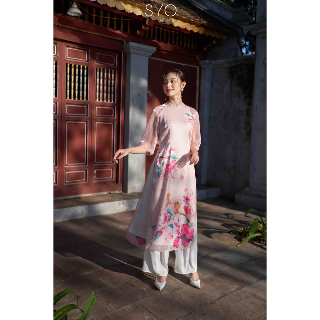 Áo dài in hoa anh đào màu hồng SYO A4011