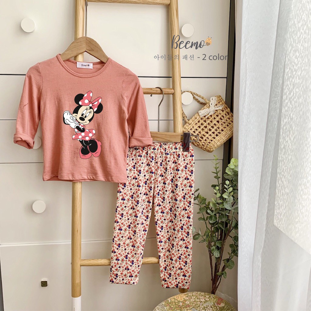 [HÀNG THIẾT KẾ] Bộ quần áo cotton thun dài tay cho bé gái họa tiết mickey ngộ nghĩnh- mềm mại co giãn tốt,thời tiết thu.