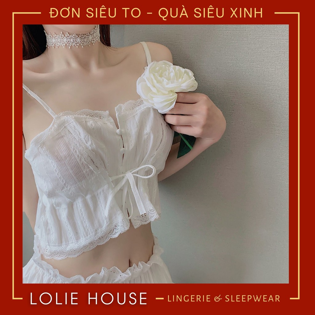 Đồ ngủ sexy nữ 2 dây Bộ ngủ hai dây Set ngủ vải đũi mỏng màu trắng gợi cảm LOLIE HOUSE - SS1