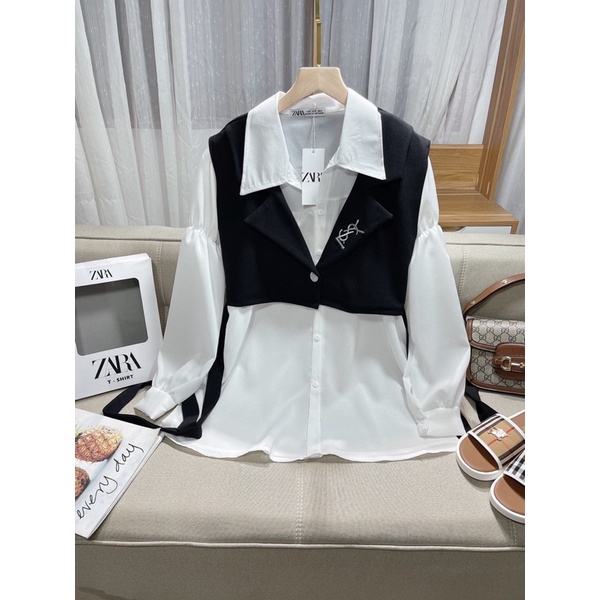 Set sơ mi tay phồng phối áo gile thêu chữ HGC729 | BigBuy360 - bigbuy360.vn