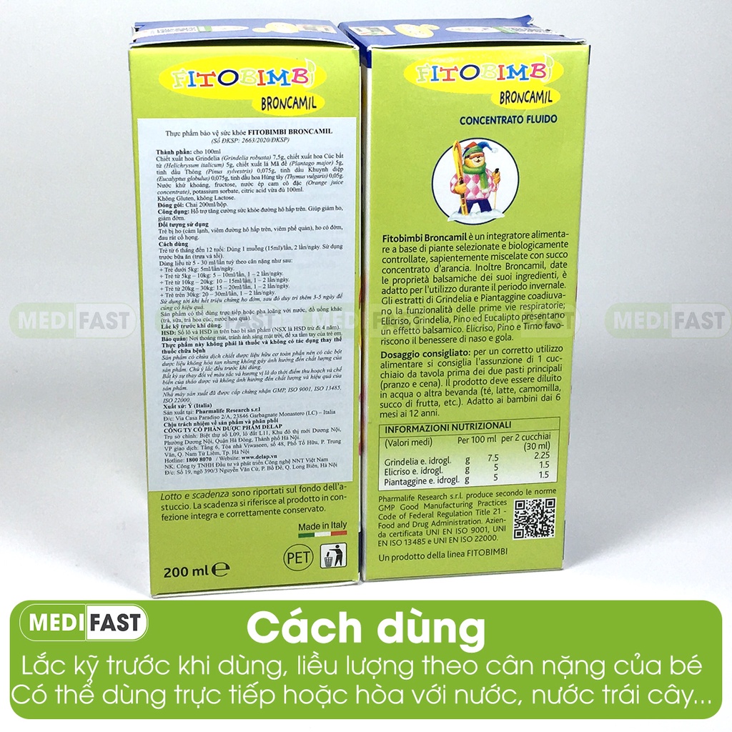 Broncamil Bimbi - Giúp bé hết ho, tăng cường sức khỏe đường hô hấp cho trẻ - Chai 200ml nhập khẩu từ Ý