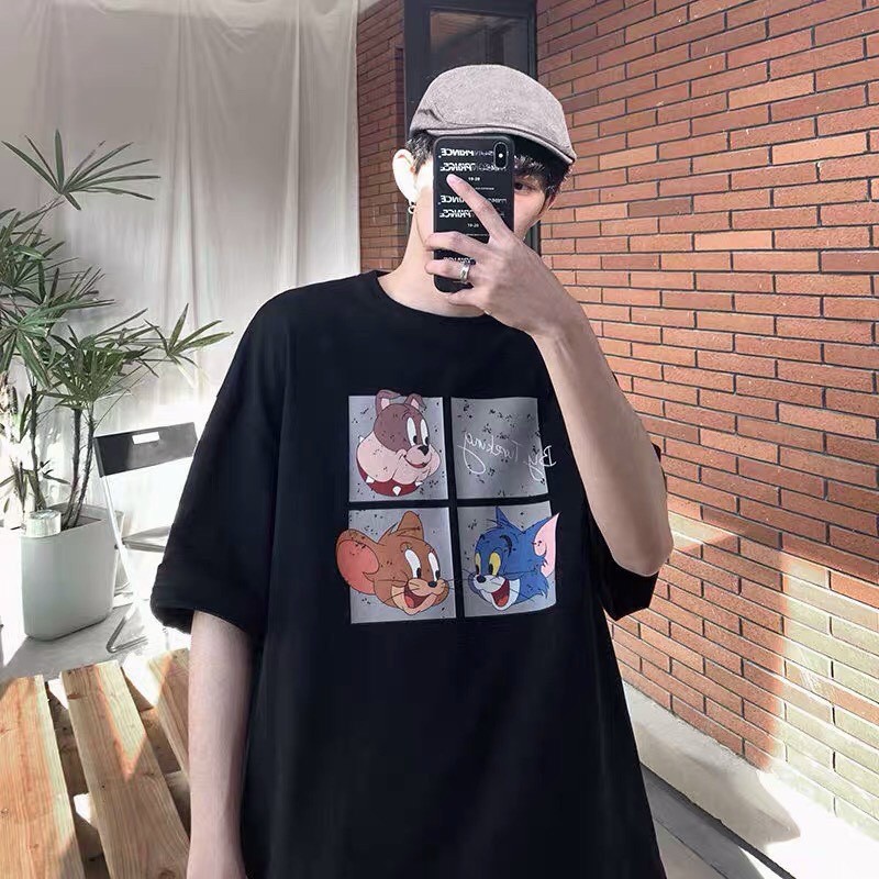 Áo phông form rộng tay lỡ unisex - Áo thun in hình cún tom và chery - Sỉ áo thun số lượng lớn