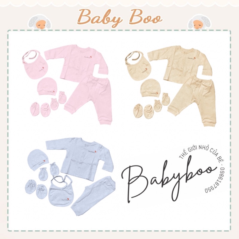Set quần áo sơ sinh 5 món cho bé xuất Nhật (quần áo, bao chân tay, mũ) chất cotton siêu mềm [ babyboo]