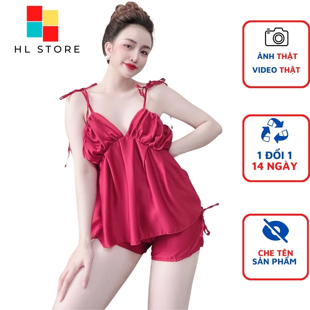 Đồ ngủ sexy đồ ngủ 2 dây xếp ly ngực cột nơ lưng Hải Lan Store, chất liệu lụa satin, freesize 40-65kg tùy chiều cao