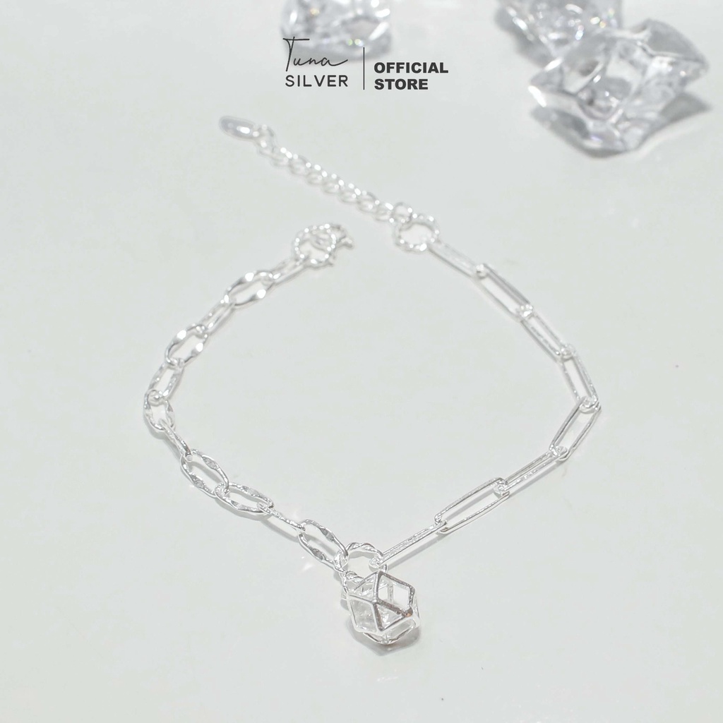 Lắc tay Bạc nữ cao cấp hình đa giác, Vòng tay bạc quả cầu gắn đá TUNA SILVER, CAM KẾT CHUẨN BẠC