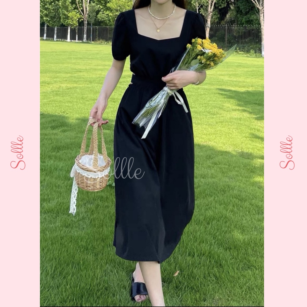 Đầm nữ khoét eo tay bồng xanh bơ Váy cutout cổ vuông hở eo thắt nơ sau dáng dài Sollle