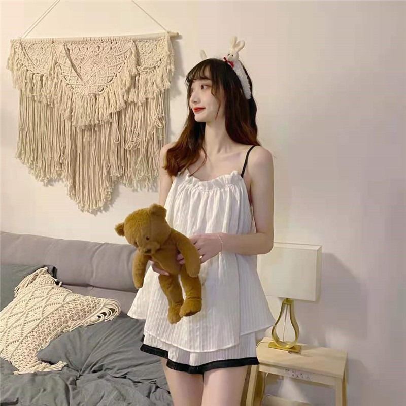 Bộ đồ ngủ áo hai dây + quần short vải cotton màu trắng trơn thời trang mùa thu cho nữ