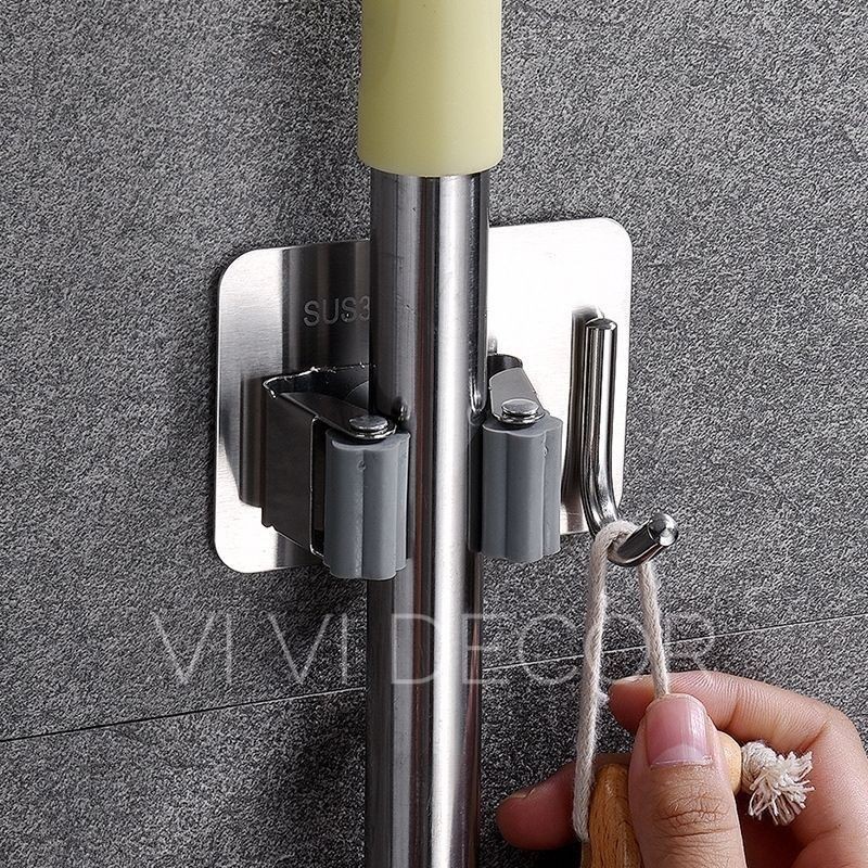Móc Treo Cây Lau Nhà , Chổi Lau Nhà INOX304 Cao Cấp Dán Tường Có Móc Khăn