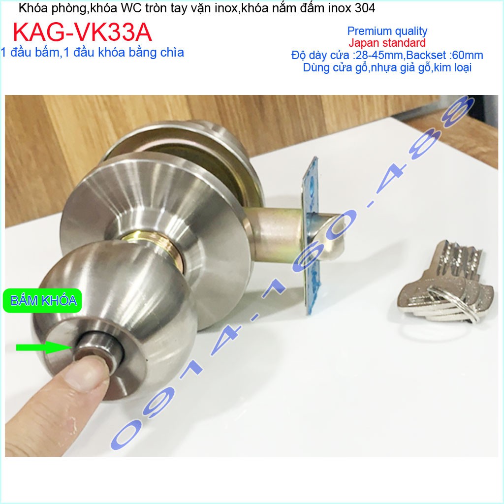 Khóa cửa phòng cao cấp KAG-VK33A 1 đầu chốt 1 đầu chìa, khóa tay nắm tròn phòng ngủ an toàn giá tốt chất lượng cao