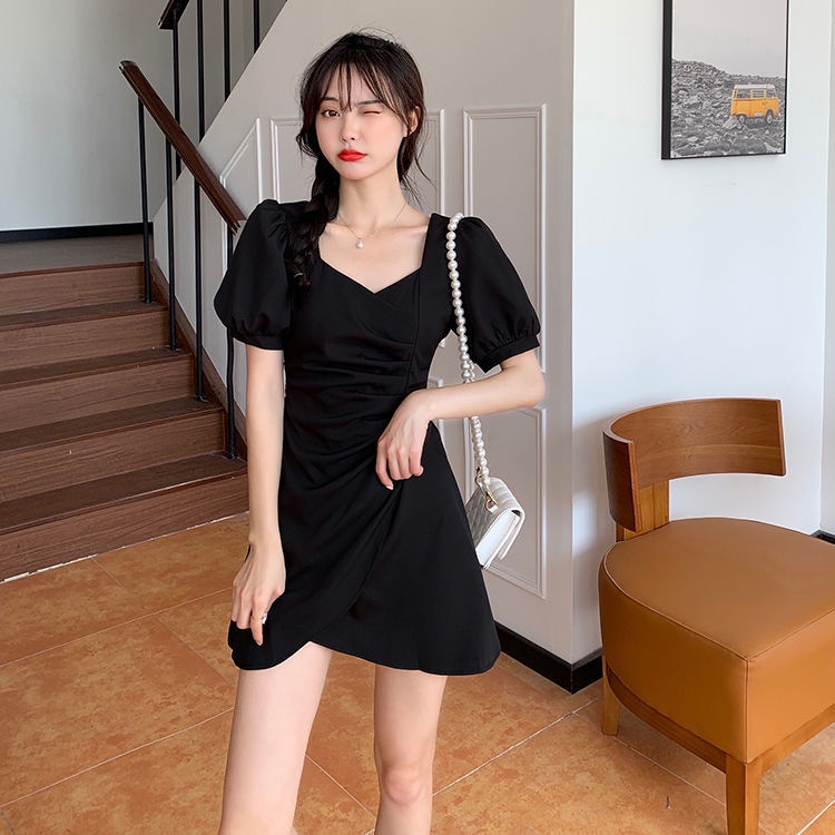 IELGY     Đầm Đen Ngắn Tay Thiết Kế Không Đồng Đều Thời Trang Theo Phong Cách Pháp Cho Nữ