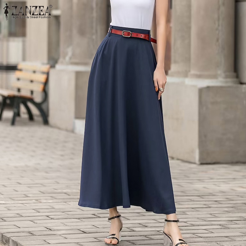 Zanzea Chân Váy Dài Màu Trơn Dáng Rộng Phong Cách Retro Dành Cho Nữ
