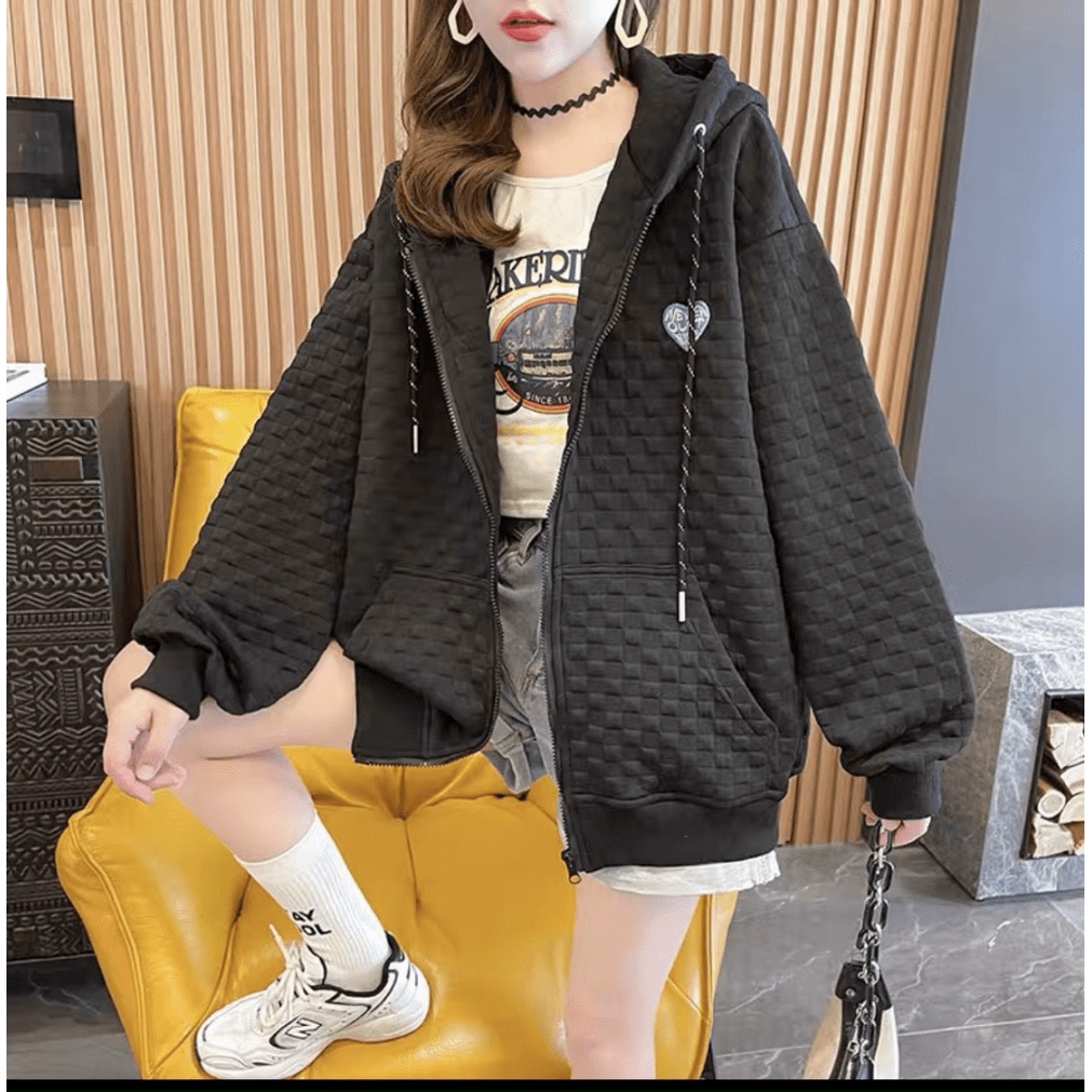 ÁO KHOÁC HOODIE NỮ CHẤT LIỆU VẢI DẬP VÂN CARO CAO CẤP PHỐI HỌA TIẾP TIM SIÊU CUTE H.H.P