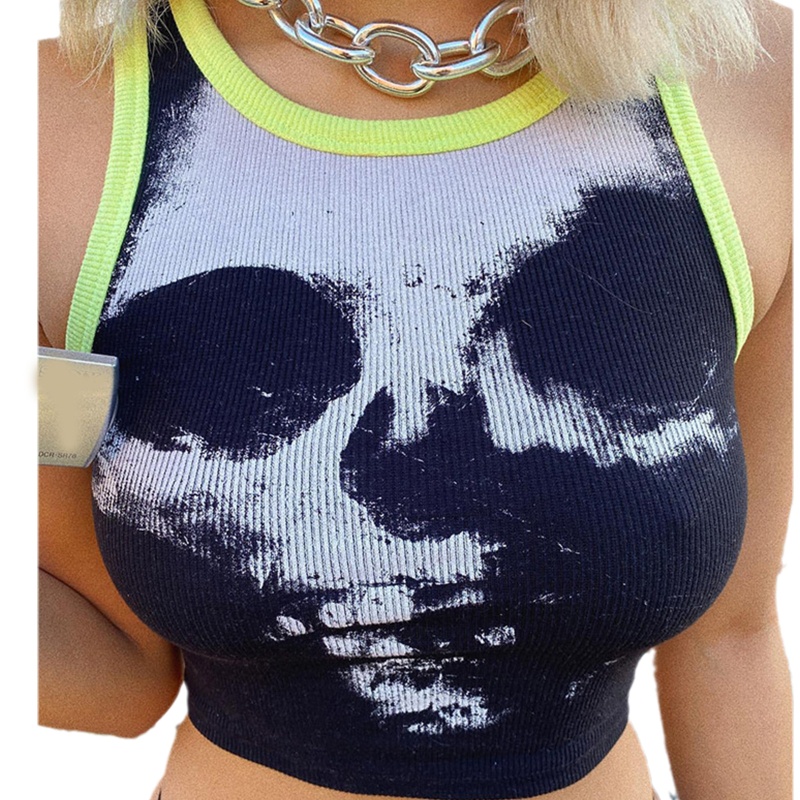 Brroa Áo Croptop Sát Nách In Hình Đầu Lâu Phối Màu Tương Phản Cá Tính Cho Nữ