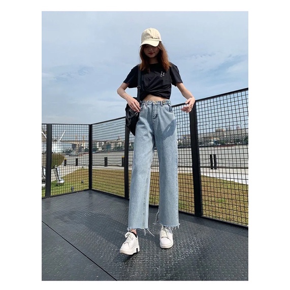 Quần Jean Denim Nữ Màu Xanh Basic Tua Gấu Cạp Cao Ống Suông Phom Đứng Phong Cách Ulzzang Dễ Phối Đồ Đủ Size Loại 1