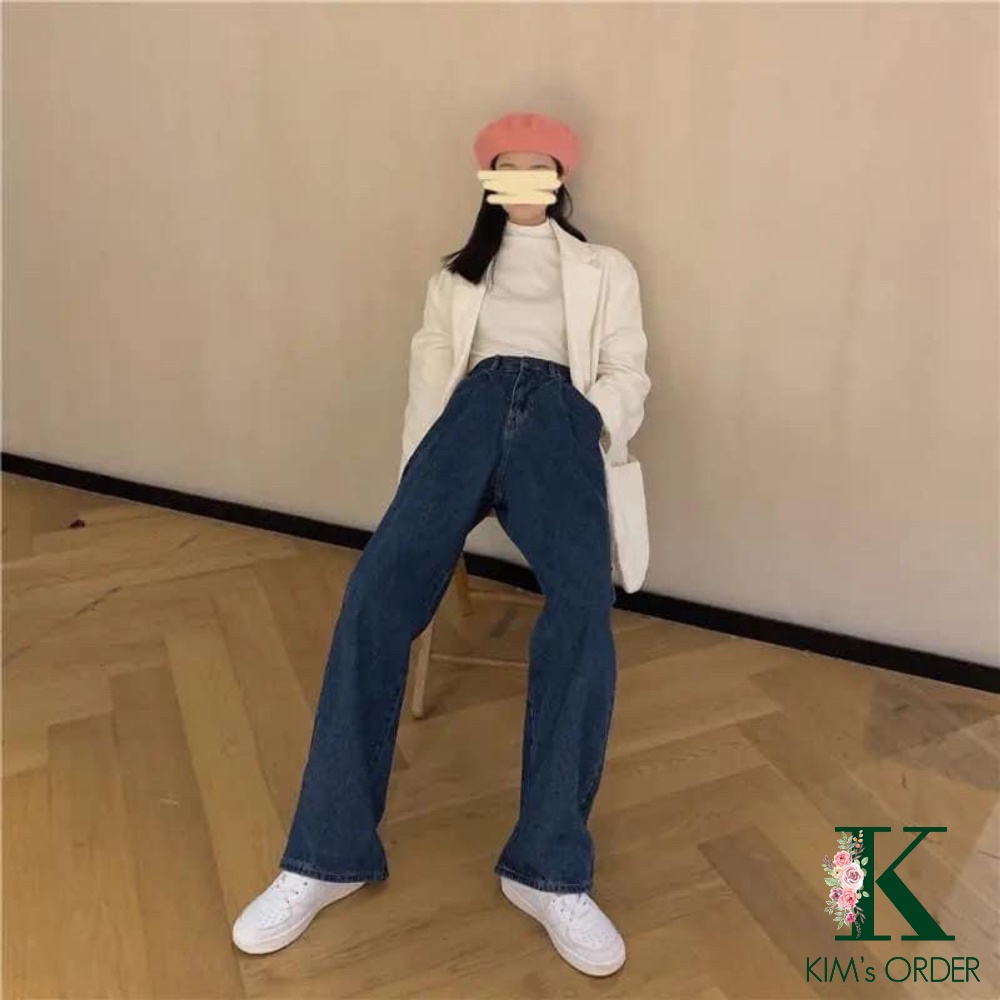 Quần jean nữ xanh đậm ống suông lưng cao phong cách Ulzzang Hàn Quốc thời trang chất liệu denim đi làm đi học đi chơi