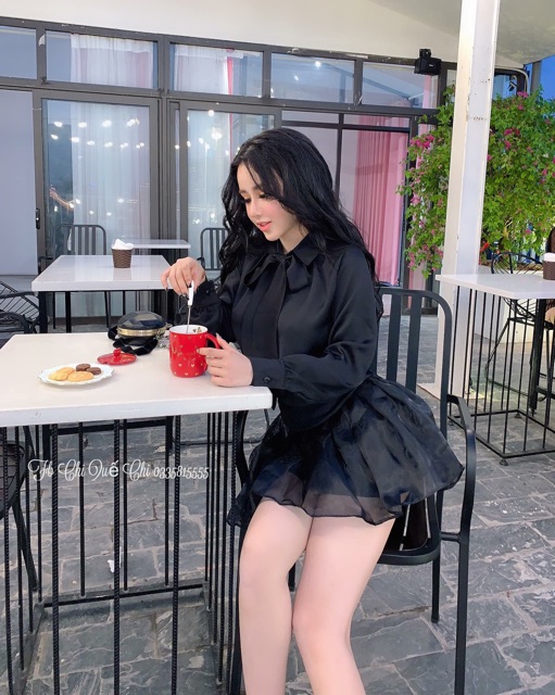 Set sơ mi cổ thắt nơ + chân váy voan kính siêu xinhhhhhh