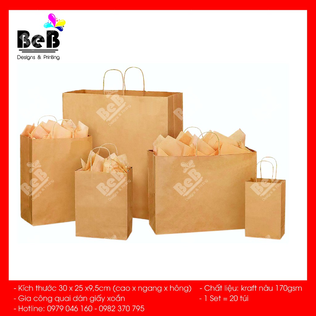 [RẺ VÔ ĐỊCH] Set 20 Túi Giấy đựng Kraft nâu 30x25x9,5cm tiện lợi Thân Thiện Môi Trường