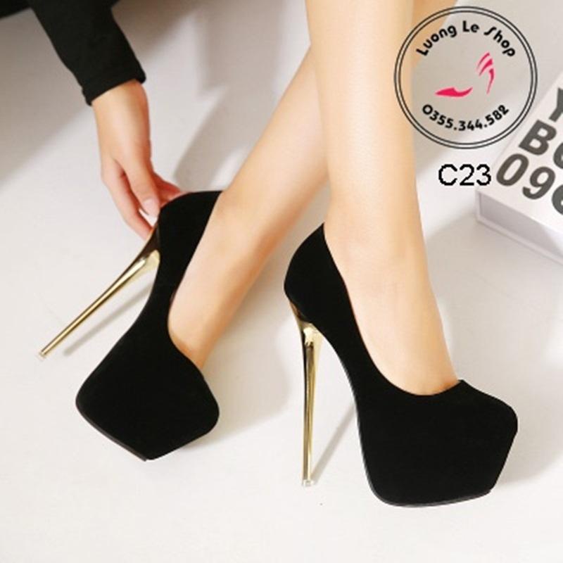 HÀNG CÓ SẴN Giày cao gót 16cm gót nhọn vàng kín mũi da nhung 2 màu đen đỏ c23