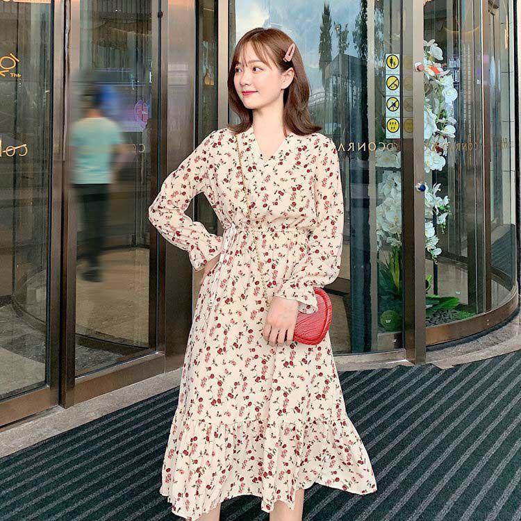 Đầm Nữ Dài Tay Cổ Chữ V In Hoa Thời Trang Hàn