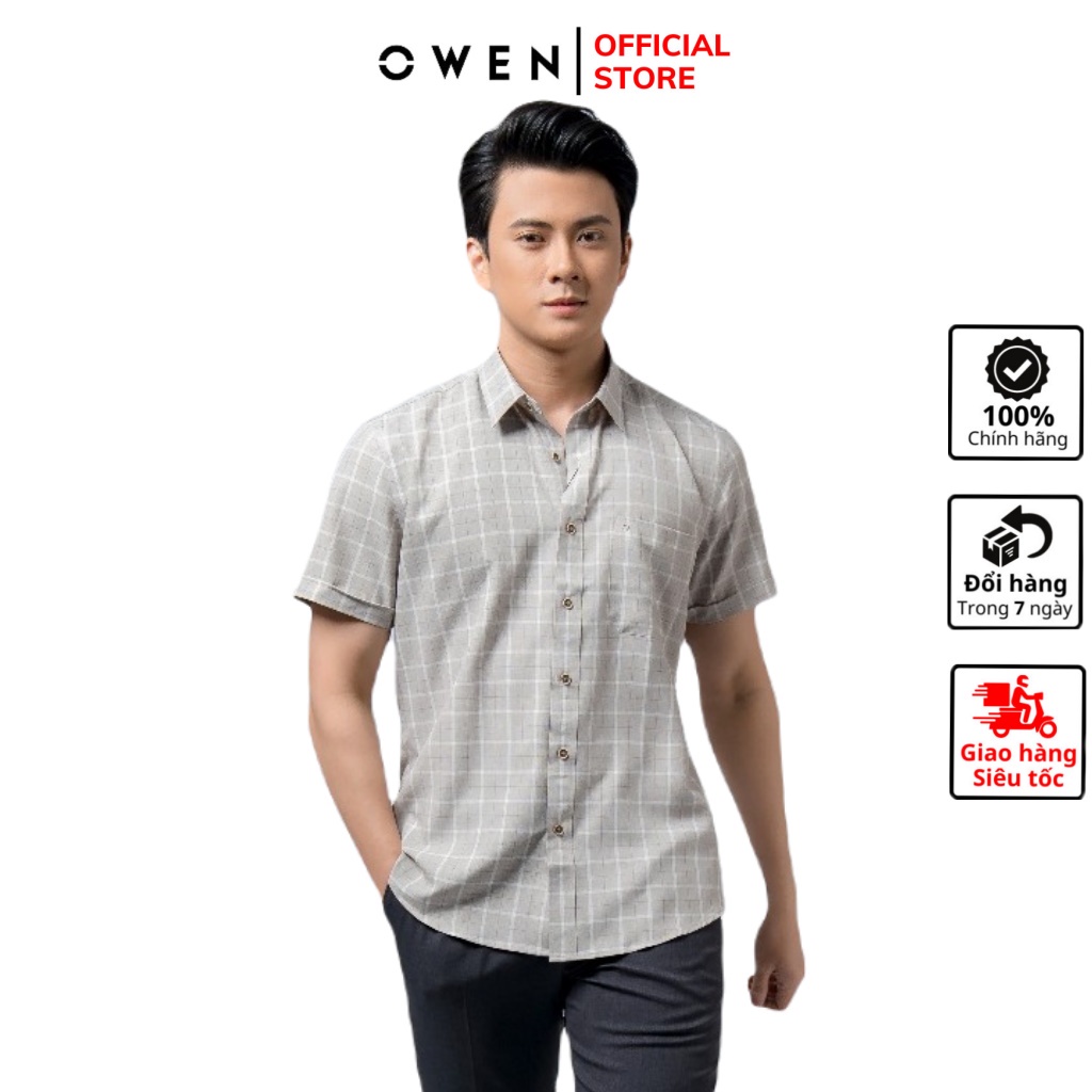 Áo sơ mi nam ngắn tay OWEN AR220108NT somi công sở vải sợi café cao cấp màu kẻ caro nâu be dáng suông tà lượn có túi