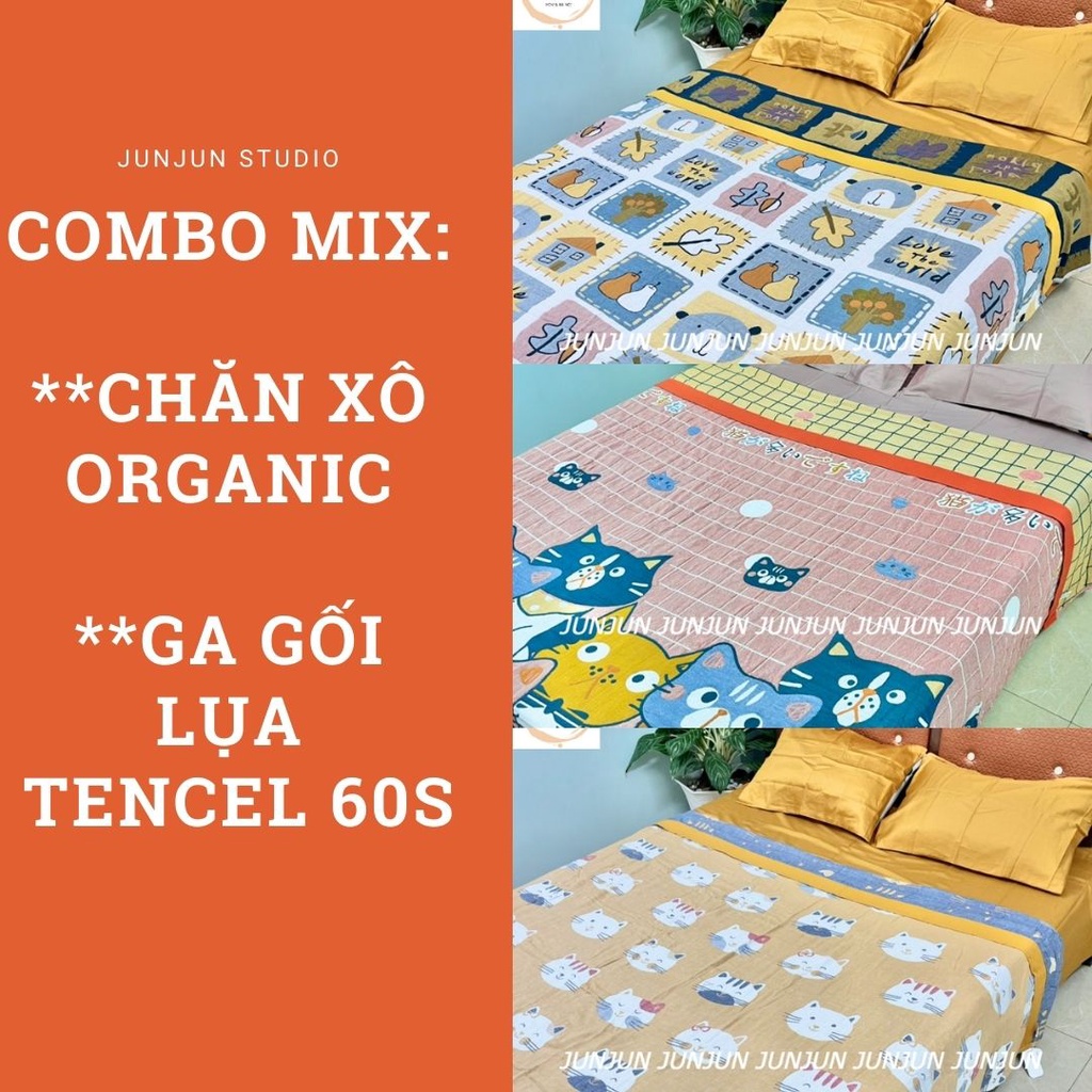 (3) TH SET Chăn Ga Gối vải Xô Organic cotton dòng cao cấp &amp;Ga Gối lụa tone pastel