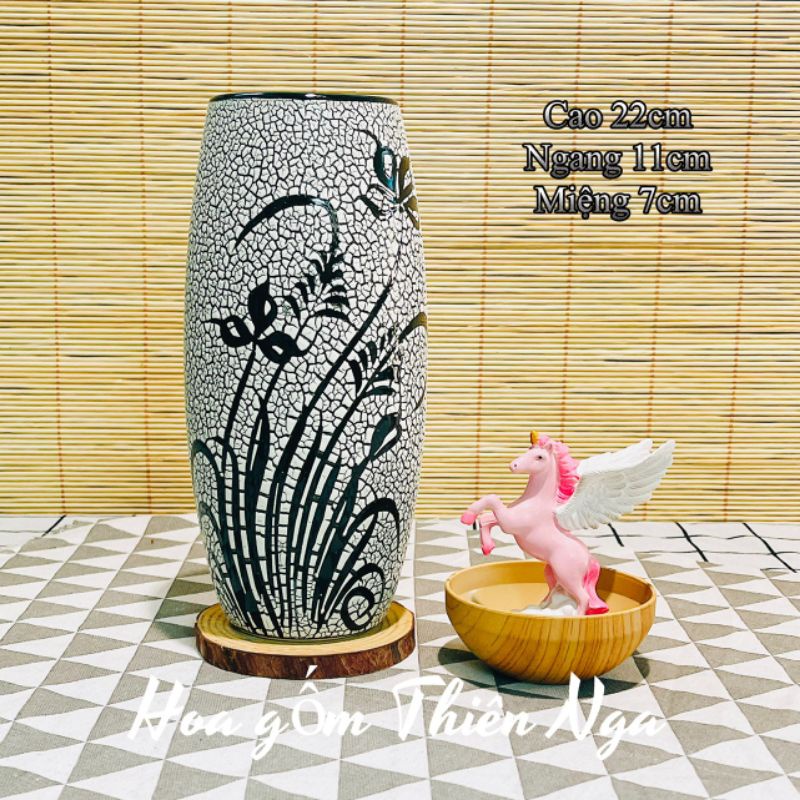 Bình cắm hoa gốm sứ men rạn xám trắng - Bát Tràng, cao 22cm