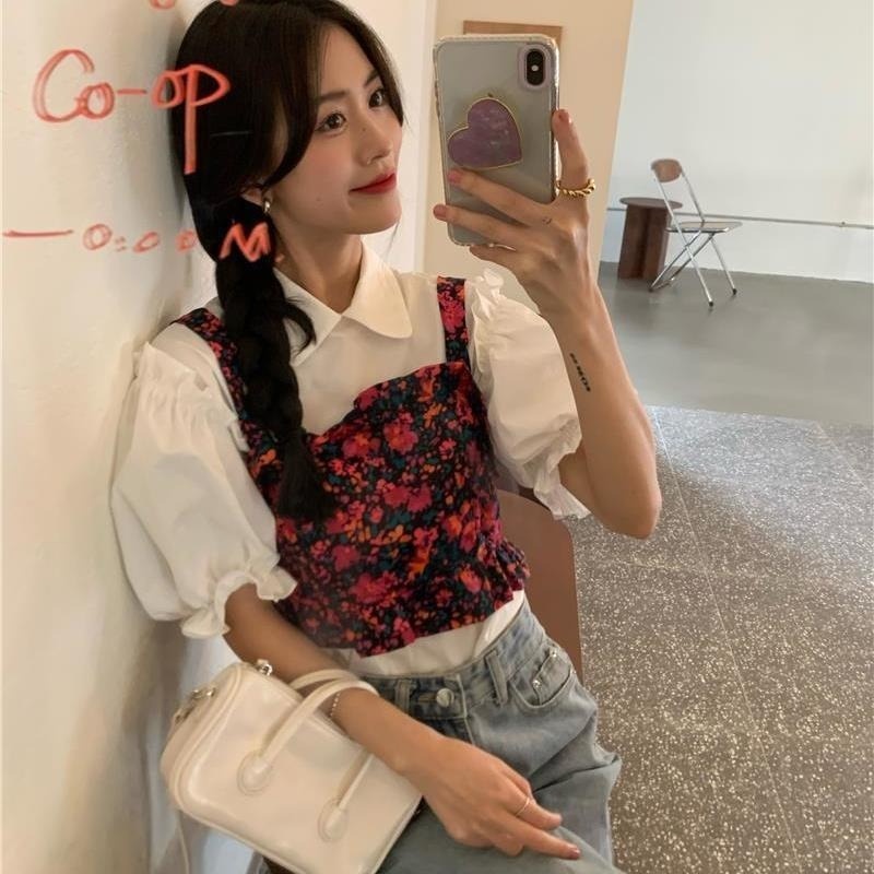 Set Áo Sơ Mi Tay Phồng Kèm Áo Hai Dây Họa Tiết Hoa Thời Trang Mùa Hè