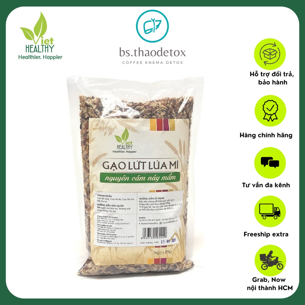 Gạo Lứt Lúa Mì Nguyên Cám Nảy Mầm Viethelthy 1kg ăn thô, thực dưỡng, giảm cân