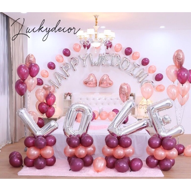 (Tặng Bơm Tay Keo Dán) Set bóng bay trang trí phòng cưới màu hồng đủ phụ kiện HK01