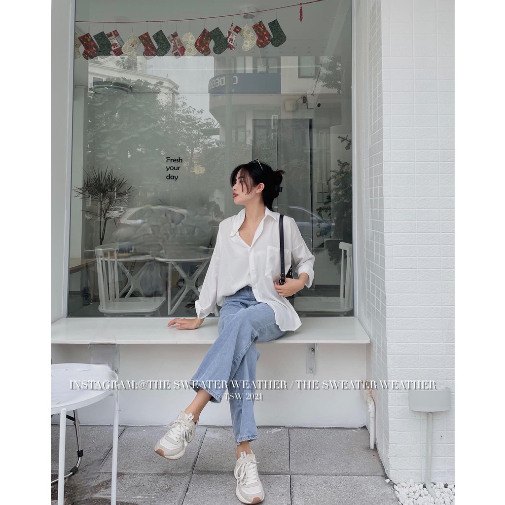 Áo sơ mi voan/lụa trắng không nhăn oversize the.sweaterweather TSW