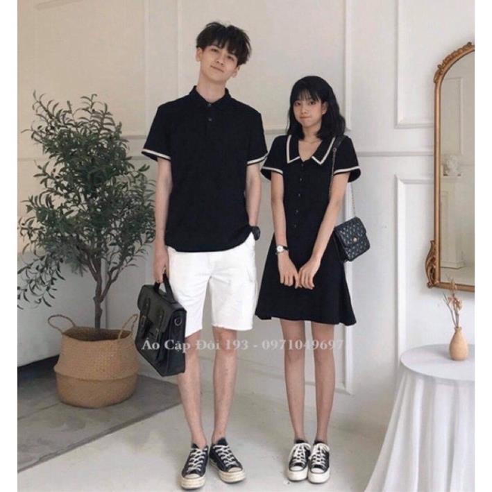 Váy thun đôi đen dáng xòe + Áo thun polo nam .