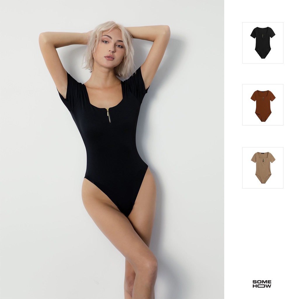 Bodysuit Nữ Tay Lửng With Zip , Chất Liệu Cotton Co Dãn Thoải Mái,WO000103,SOMEHOW