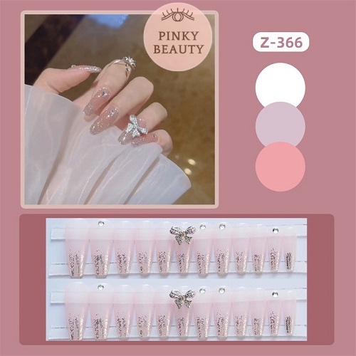 Bộ 24 Móng Giả Đính Đá Pinky Beauty Thời Trang Cá Tính Cho Nữ Mùa Lễ, Tết, Móng Tay Giả Kèm Keo Chính Hãng