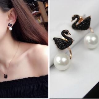 Hoa tai đinh tán kim loại đính đá hình thiên nga đen thời trang thanh lịch cho nữ