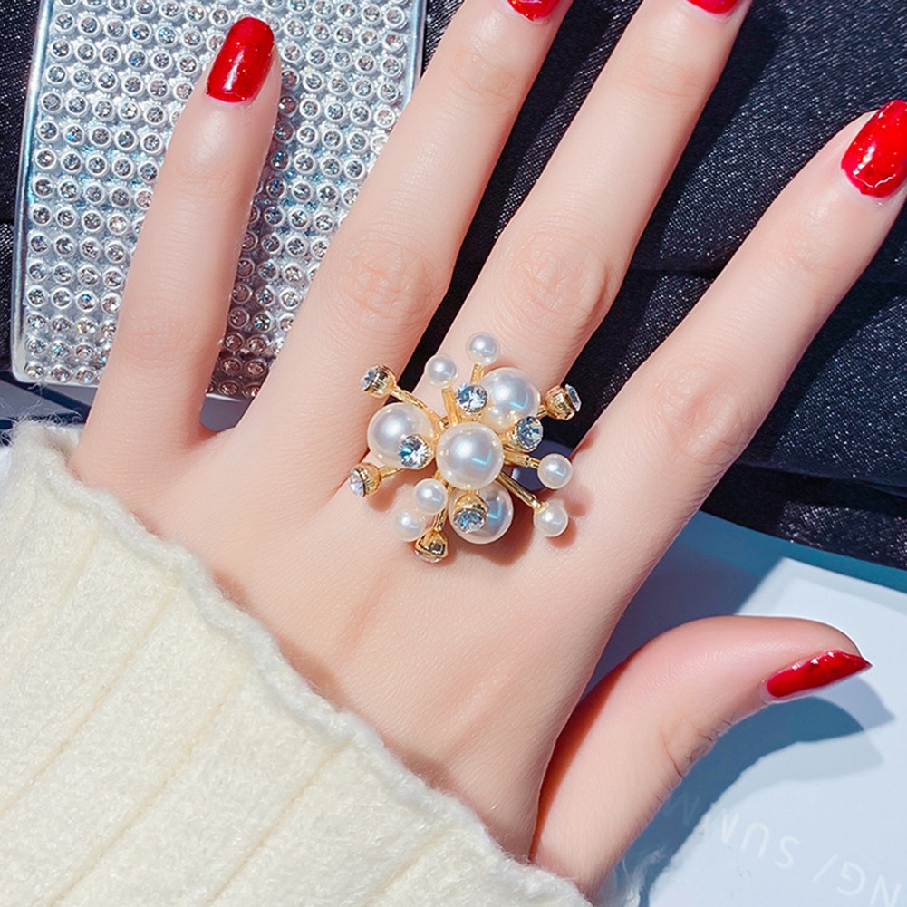 Nhẫn dạng mở hình bông tuyết đính đá và ngọc trai giả hợp thời trang cho nữ