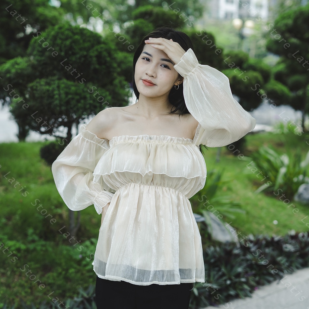 Áo Trễ Vai Tay Dài Tiểu Thư, Áo Bẹt Vai Tay Phồng Tơ Óng Hàng Quảng Châu Cao Cấp Phong Cách Ulzzang - Latis Store