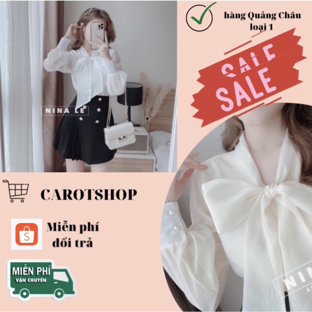 Áo sơ mi nữ, sơ mi nơ tiểu thư, khuy ngọc tay bồng hàng quảng châu loại 1 | BigBuy360 - bigbuy360.vn