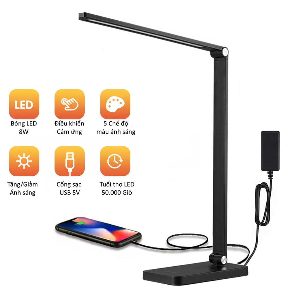 Đèn học tập và làm việc để bàn LED cảm ứng 5 chế độ ánh sáng 8W, Có cổng sạc USB 5V-2.1A, Thân đèn kim loại