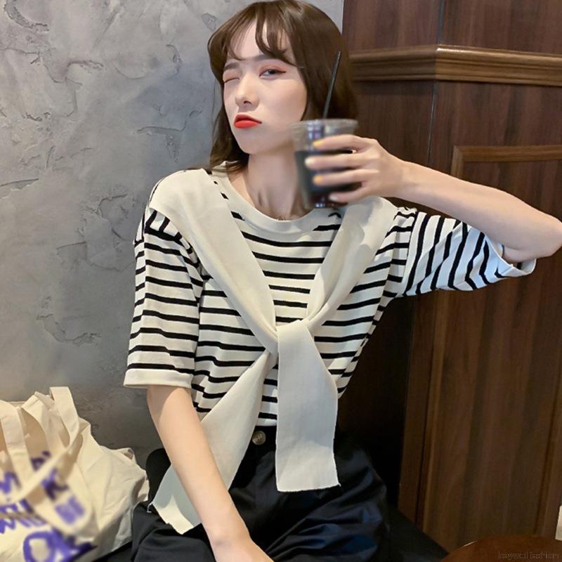 Áo thun tay ngắn giả hai lớp họa tiết kẻ sọc thời trang dành cho nữ Baywellfashion