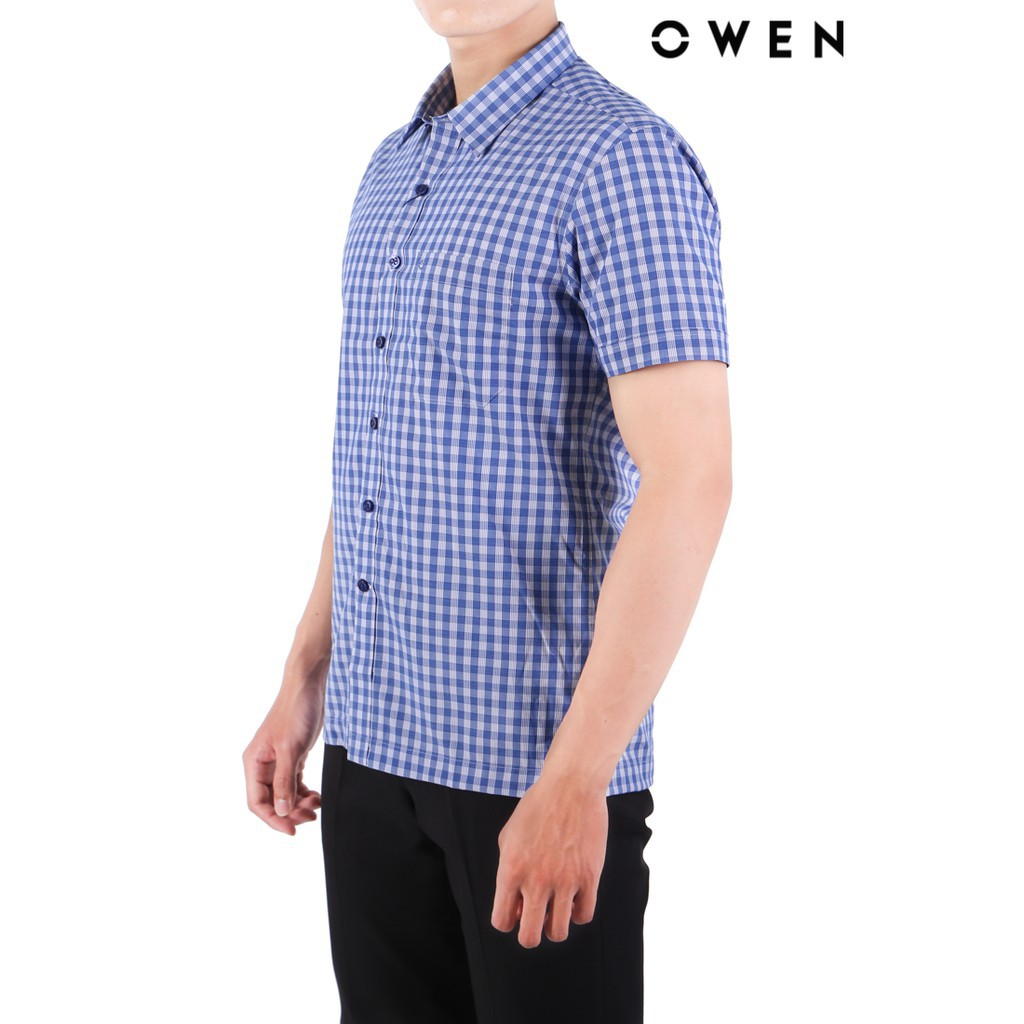 Áo Sơ Mi Nam Ngắn Tay Owen BA22555NT Sơ Mi Cộc Tay Công Sở Cao Cấp Màu Trắng Kẻ Caro Xanh Đậm Vải Sợi Tre Dáng Body Fit | BigBuy360 - bigbuy360.vn