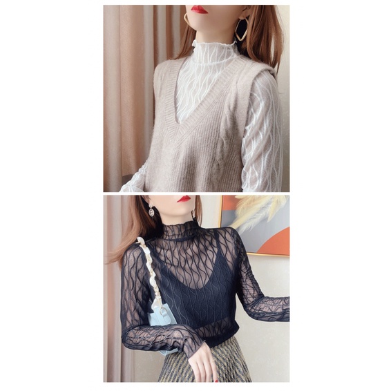 Áo Thun Nữ Tay Dài Phối Ren Xuyên Thấu