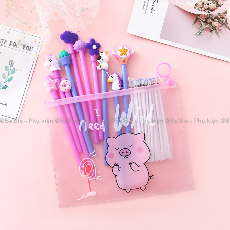 Set 10 bút bi mực nước mặt icon đáng yêu, Bộ bút bi cute BeBie (Tặng túi) - BP032