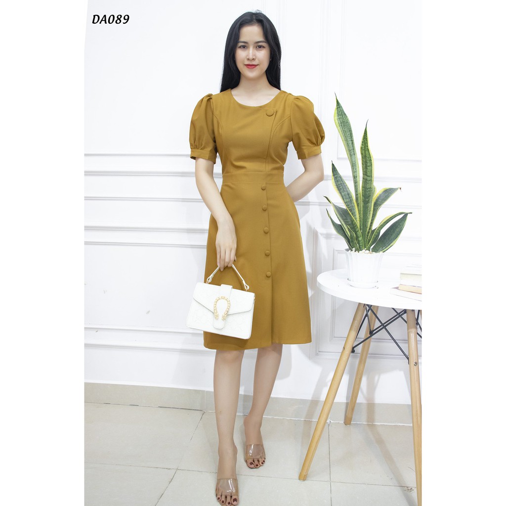 Đầm công sở thiết kế kiểu nút bộc chất cotton lạnh tay phồng ☘ Váy nữ dự tiệc sang trong - Da089 | BigBuy360 - bigbuy360.vn