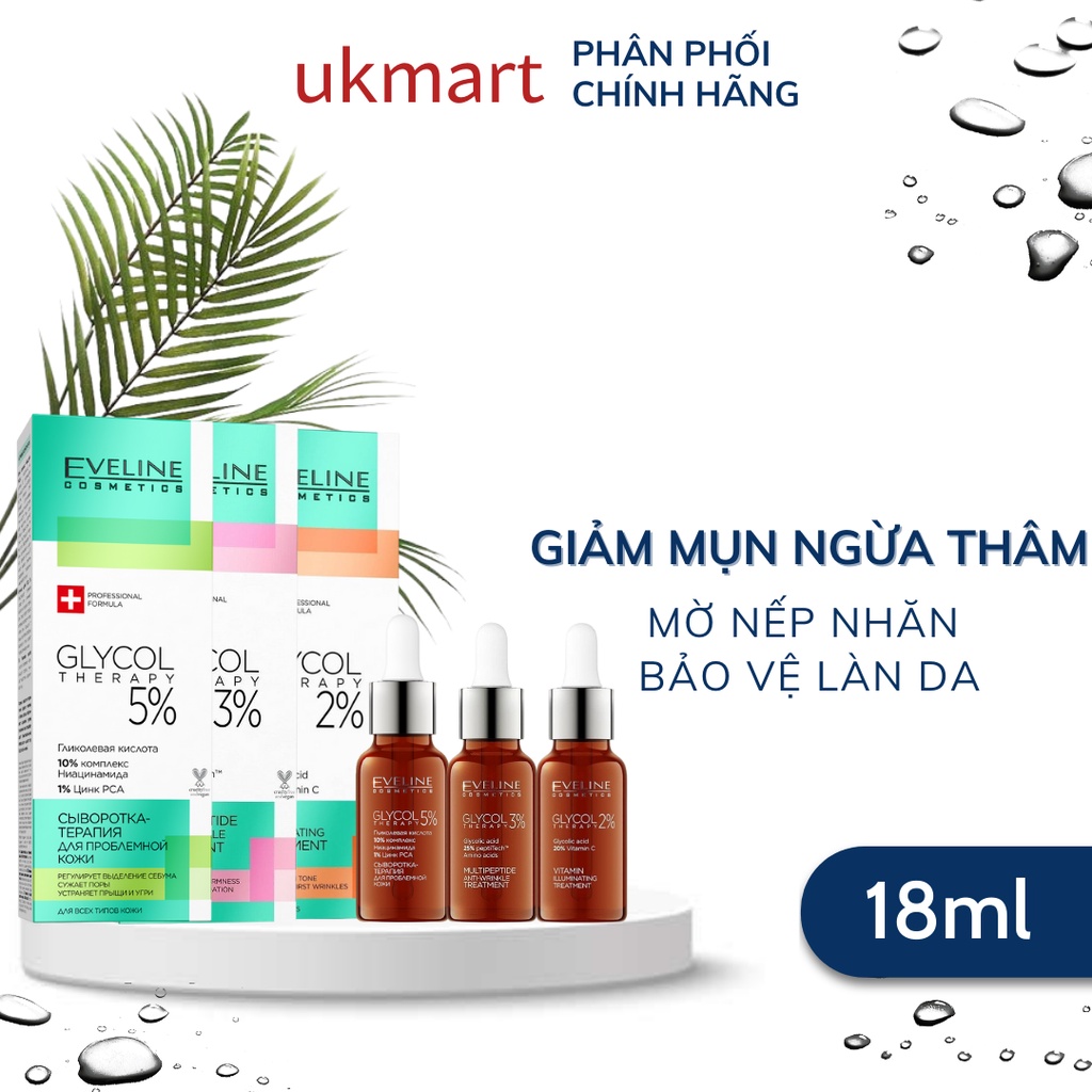 Serum Eveline Glycol Therapy 10% Niacinamide ngừa mụn mờ thâm, giảm dầu cho da láng bóng, đều màu