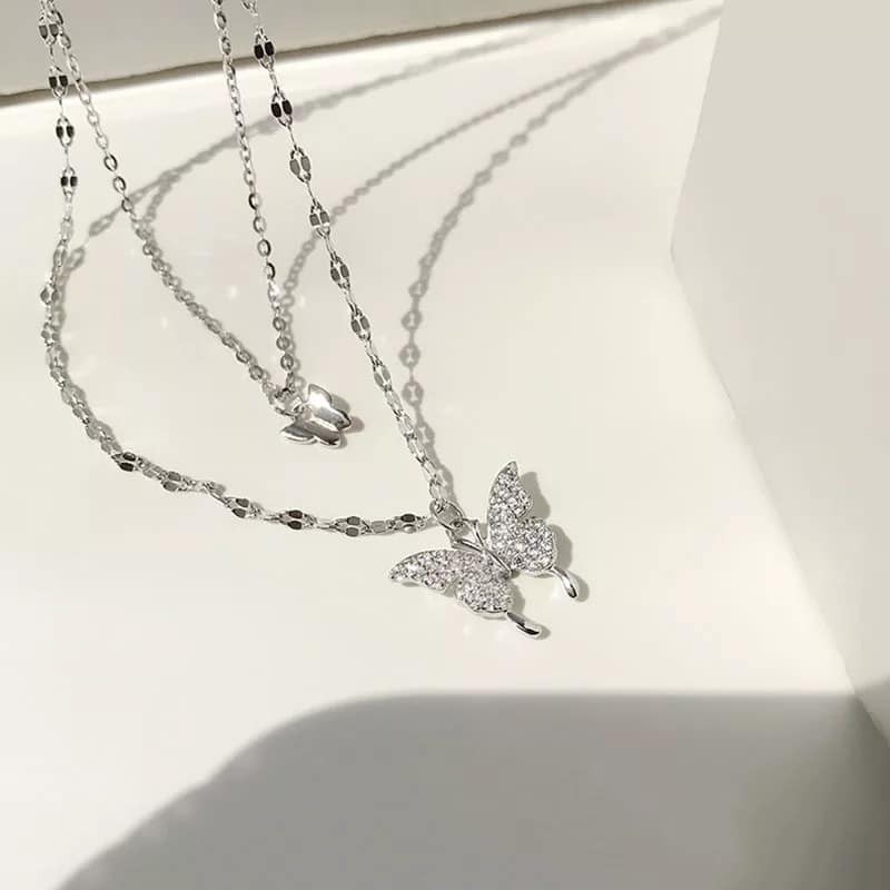 Dây chuyền bạc nữ dây đôi hồ điệp,Dây chuyền hồ điệp xinh bạc 925-Minh Tâm Jewelry