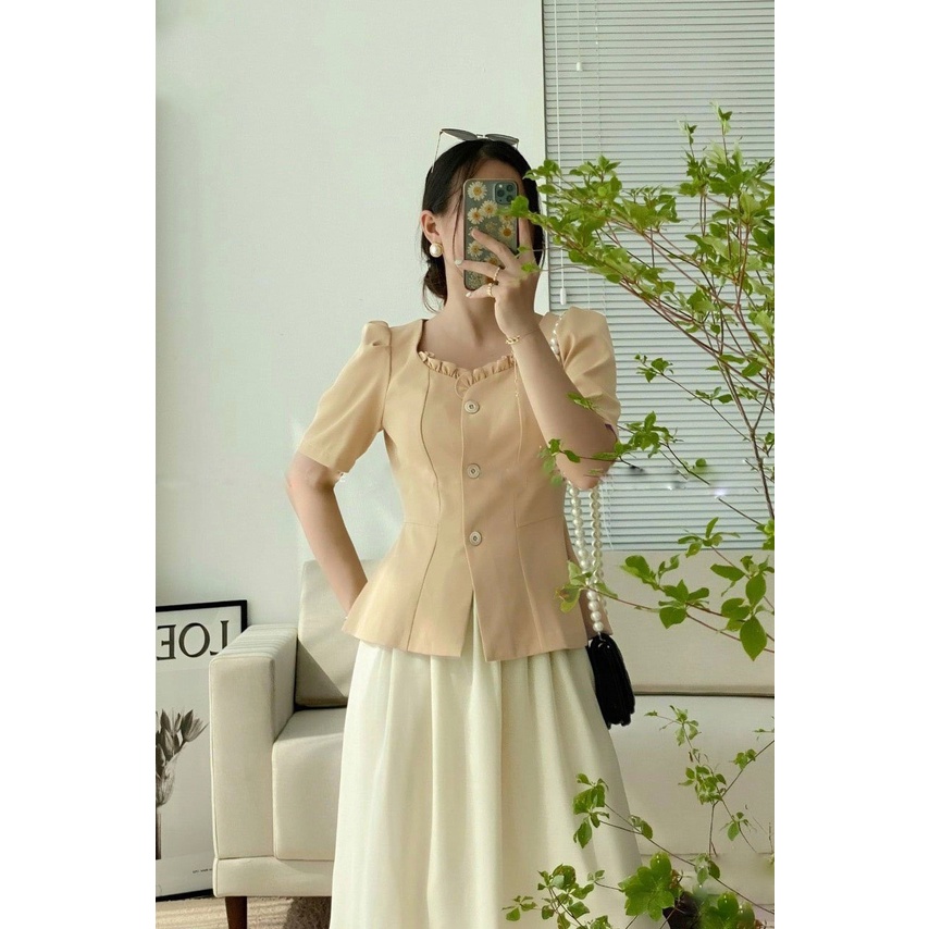 Áo Kiểu Nữ Cổ Vuông Viền Bèo Tay Phồng Phối Nút Dành Cho Người Mập Bigsize 50.90kg