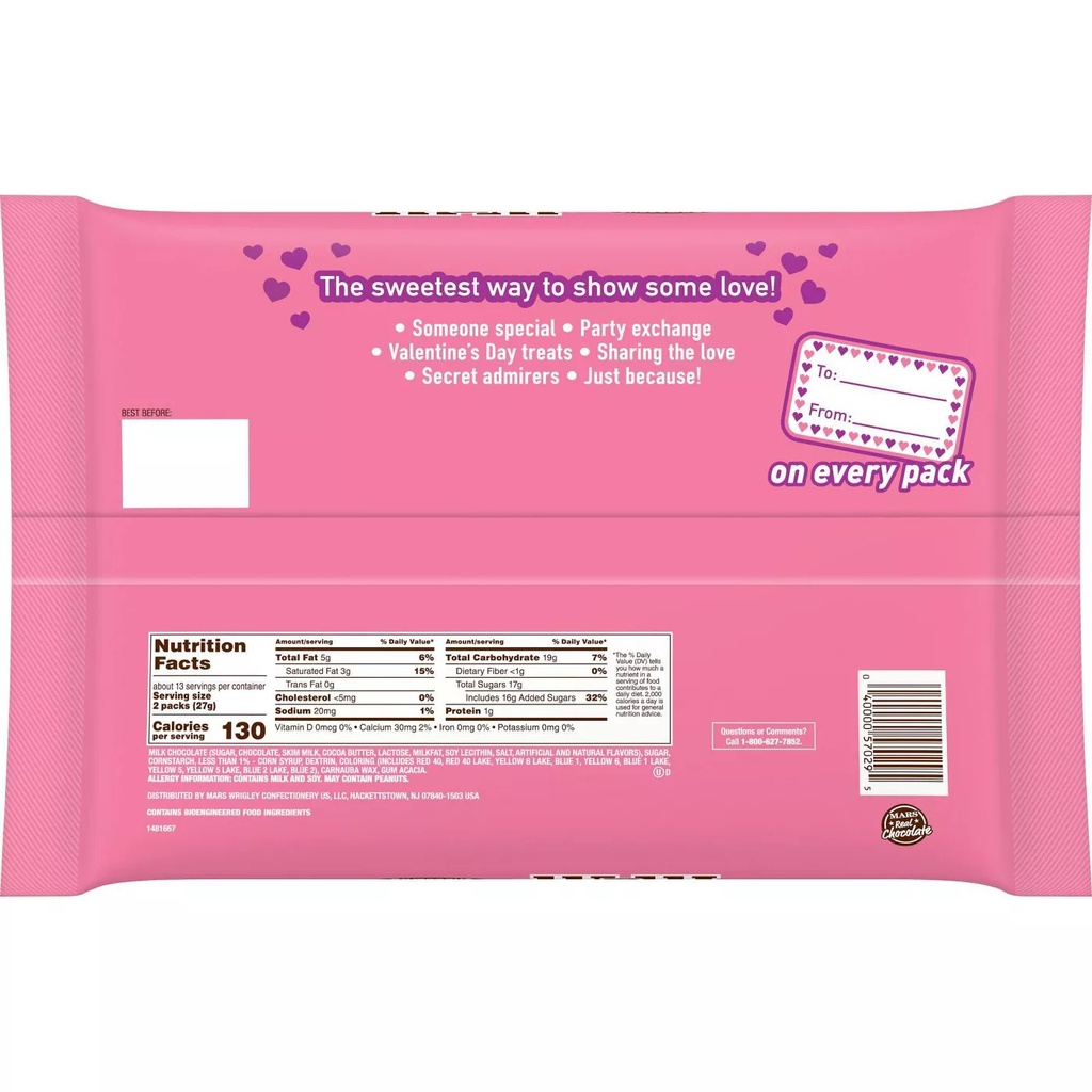 Kẹo Socola MM Gói Nhỏ M&amp;M’s Valentine's Milk Chocolate Candies Fun Size Exchange Bag