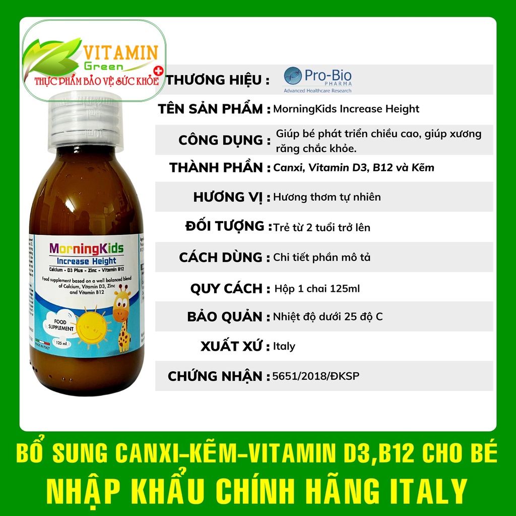 Siro tăng chiều cao cho bé MorningKids Increase Height 125ml bổ sung canxi D3 Kẽm B12 | Nhập khẩu chính hãng Italy