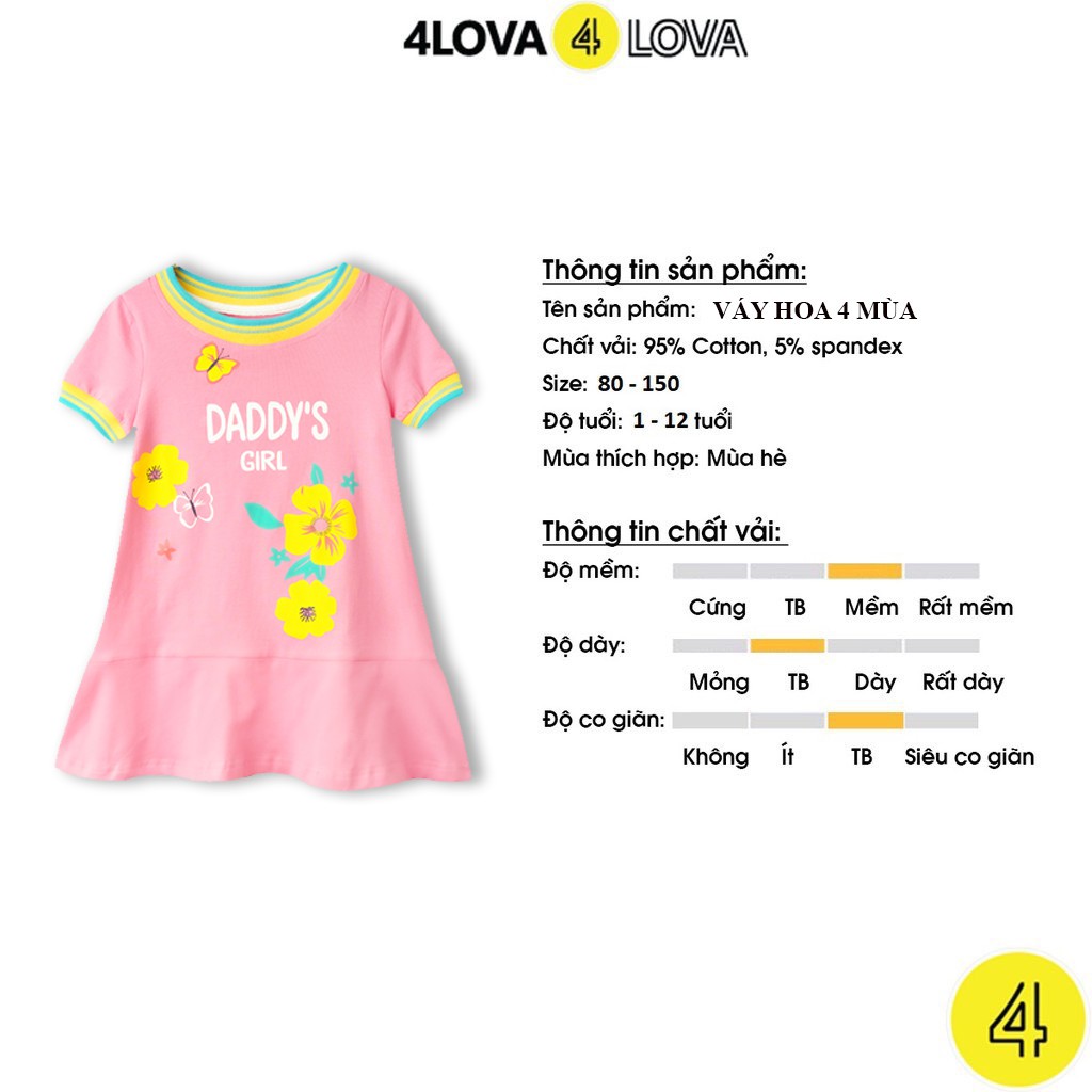 Váy bé gái chất cotton cao cấp 4LOVA dáng xòe cổ bo hình dễ thương hàng chính hãng